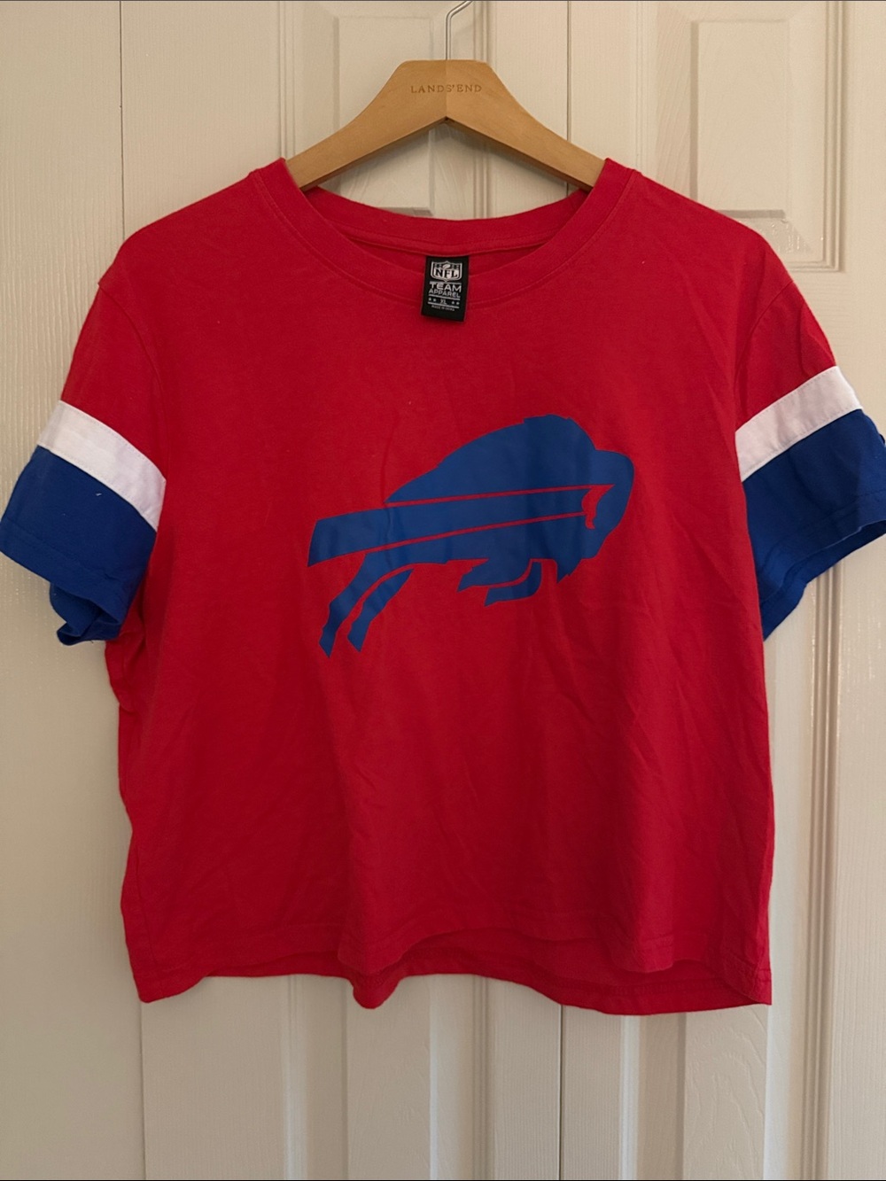 NFL Red Tee with Blue Buffalo Logo and Striped Sleeves